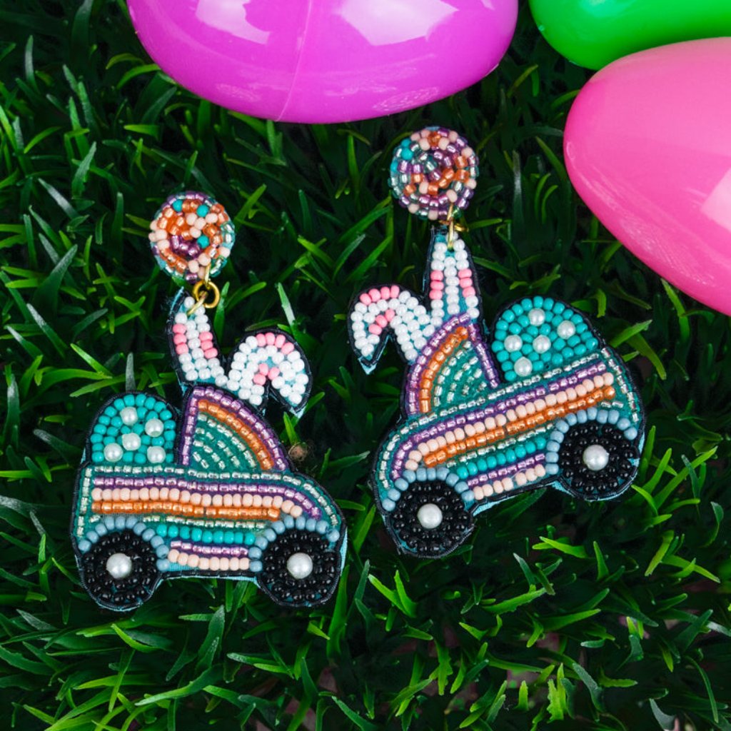 Nwt Boutique Fun Seed Bead Easter Bunny Driving Car Earrings